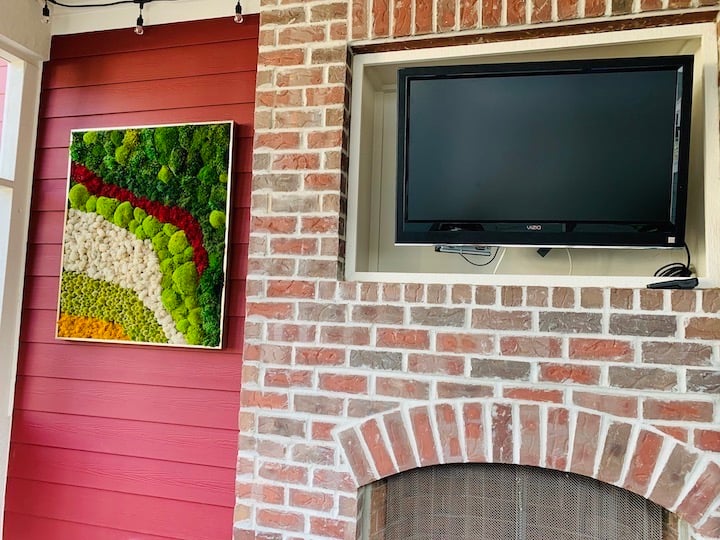 Colorful moss wall art hung on wall - outdoor patio