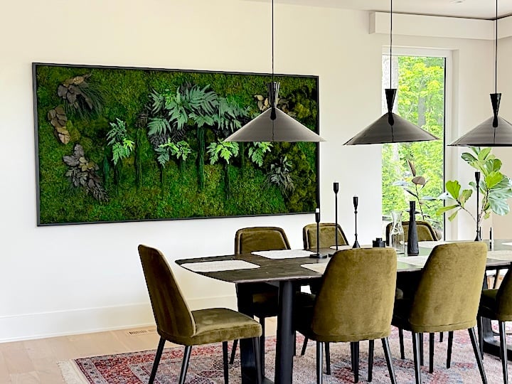 Moss Art in Black Wood Frame with Preserved Ferns, leaves, and amaranthus