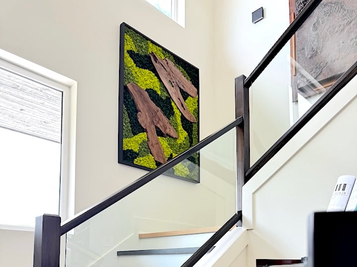Moss Art with wood accents hung in resident's home in Carmel, Indiana