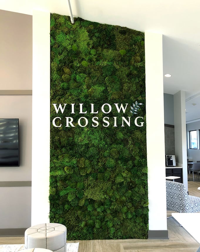 Willow Crossing Moss Wall with logo