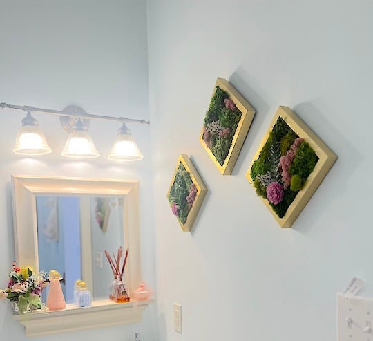 Moss wall art in diamond gold frame with pink accents near Village of West Clay in Carmel, Indiana